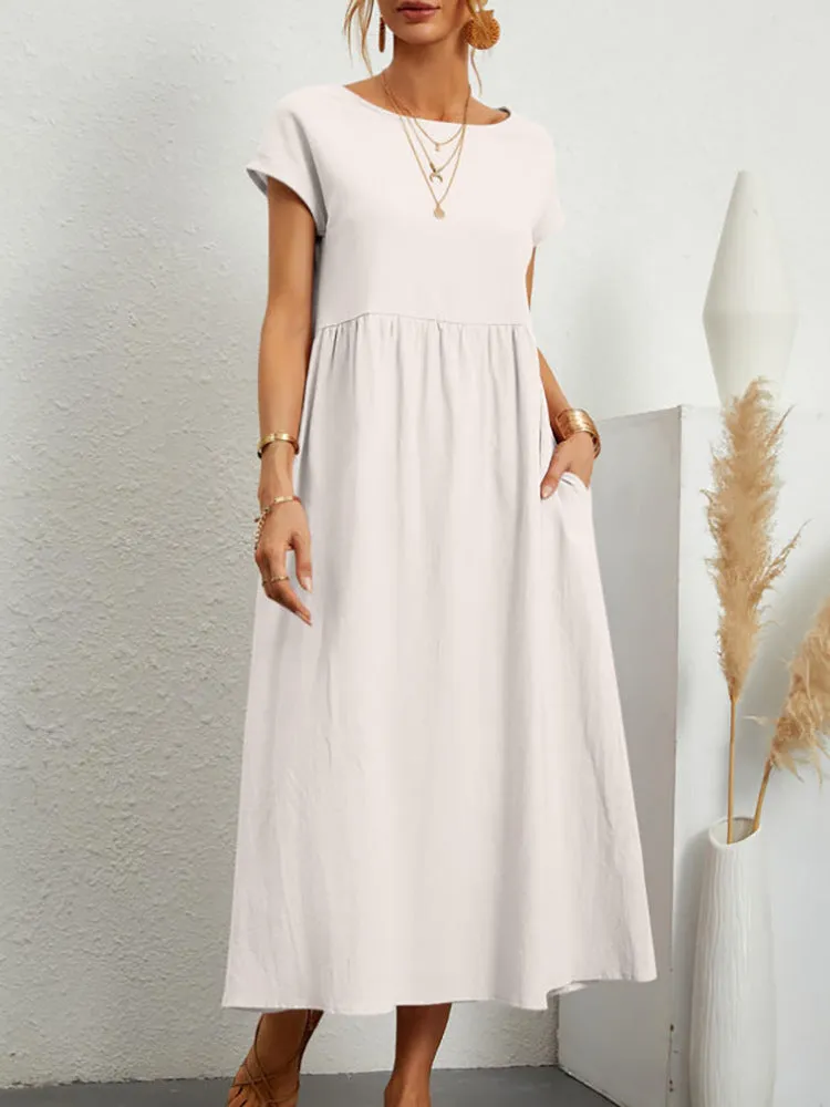 DUNNMALL  New European and American  Solid Color Sleeveless Loose Cotton Linen Pocket Women's Clothing Dress Cross-Border in Stock