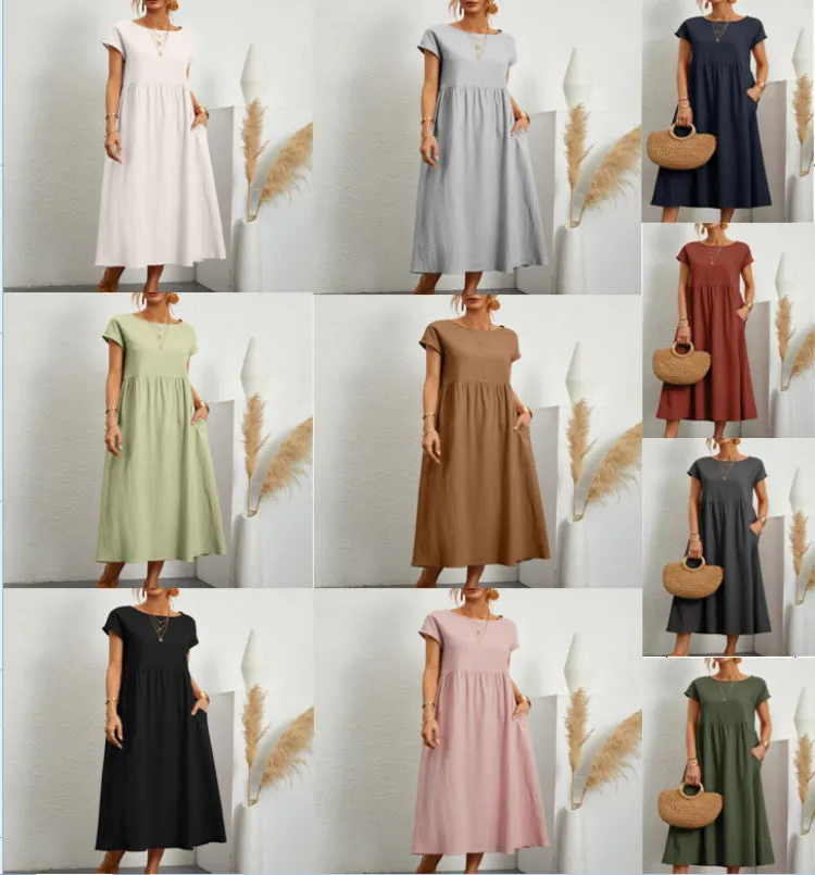 DUNNMALL  New European and American  Solid Color Sleeveless Loose Cotton Linen Pocket Women's Clothing Dress Cross-Border in Stock