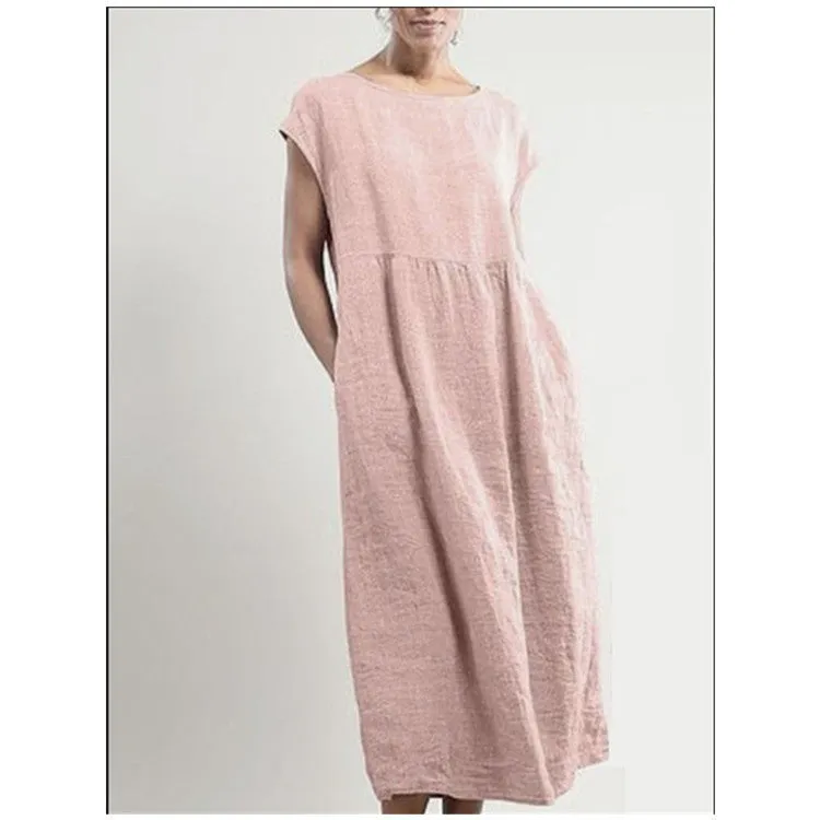 DUNNMALL  New European and American  Solid Color Sleeveless Loose Cotton Linen Pocket Women's Clothing Dress Cross-Border in Stock
