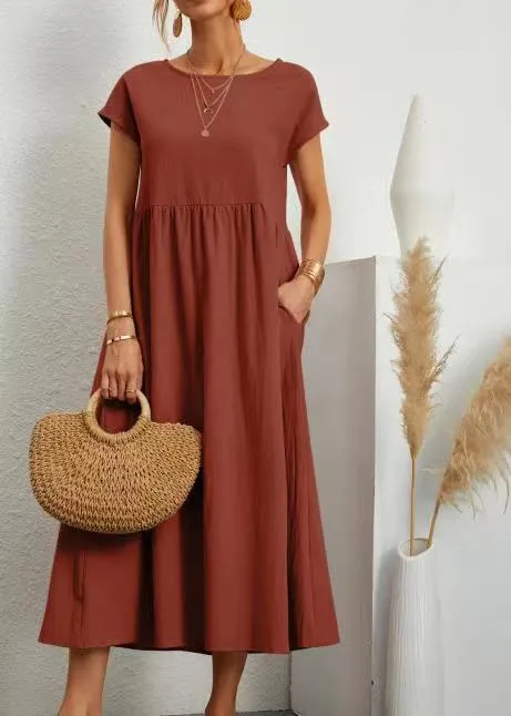 DUNNMALL  New European and American  Solid Color Sleeveless Loose Cotton Linen Pocket Women's Clothing Dress Cross-Border in Stock