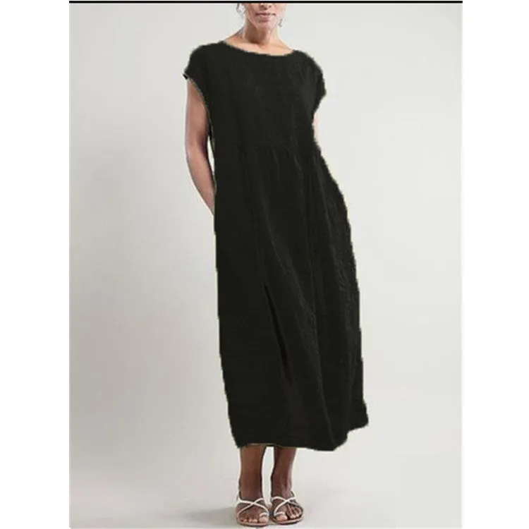 DUNNMALL  New European and American  Solid Color Sleeveless Loose Cotton Linen Pocket Women's Clothing Dress Cross-Border in Stock