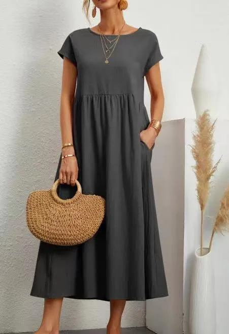 DUNNMALL  New European and American  Solid Color Sleeveless Loose Cotton Linen Pocket Women's Clothing Dress Cross-Border in Stock