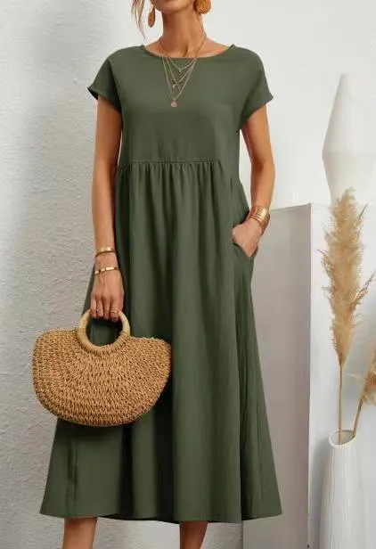 DUNNMALL  New European and American  Solid Color Sleeveless Loose Cotton Linen Pocket Women's Clothing Dress Cross-Border in Stock