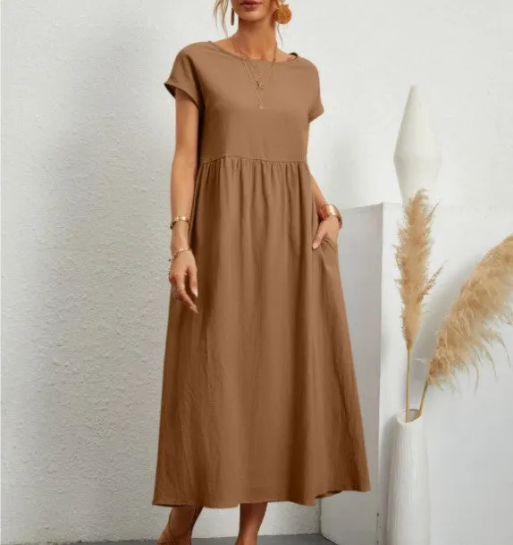 DUNNMALL  New European and American  Solid Color Sleeveless Loose Cotton Linen Pocket Women's Clothing Dress Cross-Border in Stock