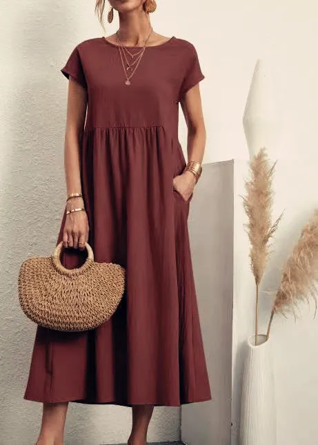 DUNNMALL  New European and American  Solid Color Sleeveless Loose Cotton Linen Pocket Women's Clothing Dress Cross-Border in Stock