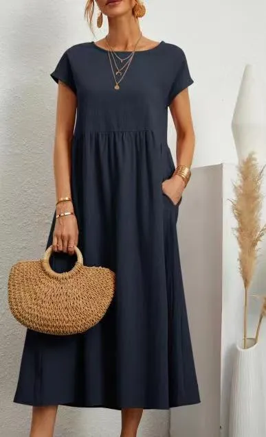 DUNNMALL  New European and American  Solid Color Sleeveless Loose Cotton Linen Pocket Women's Clothing Dress Cross-Border in Stock