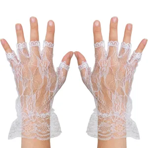 Fingerless Lace White Gloves - Ladies and Girls Ruffled Lace Finger Free Bridal Wrist Gloves