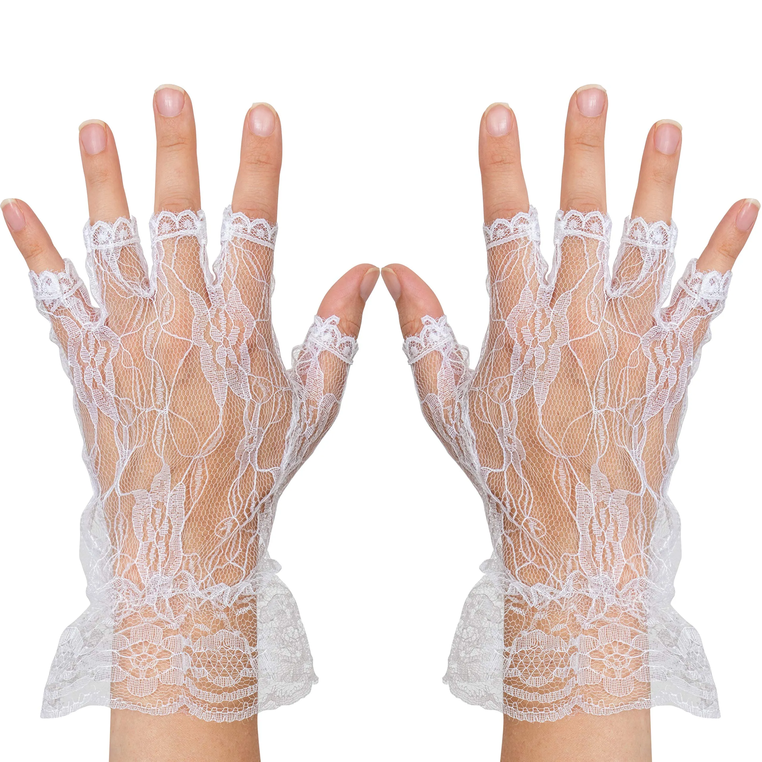 Fingerless Lace White Gloves - Ladies and Girls Ruffled Lace Finger Free Bridal Wrist Gloves