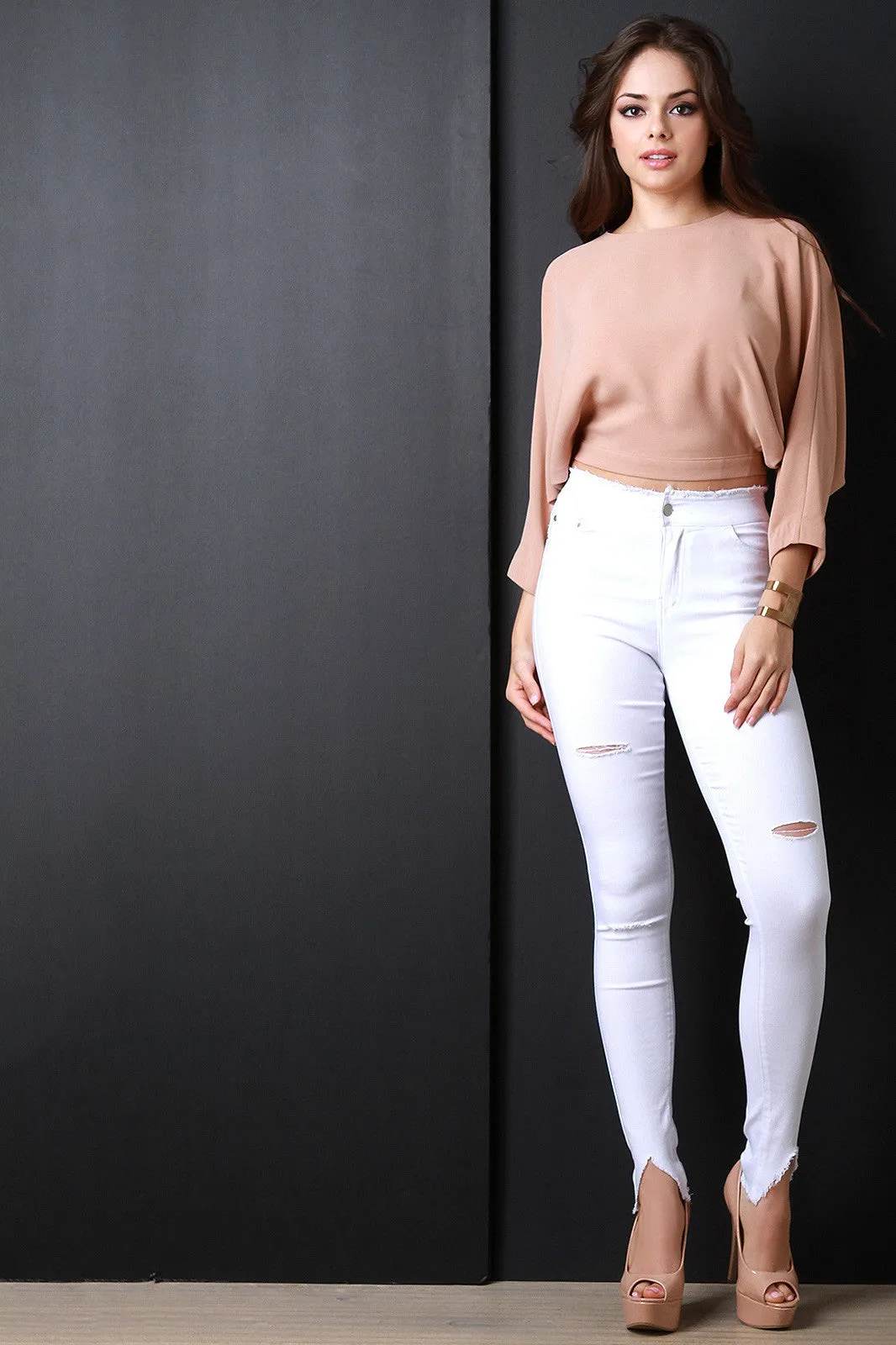 Frayed Waist V-Cut Slit Skinny Pants