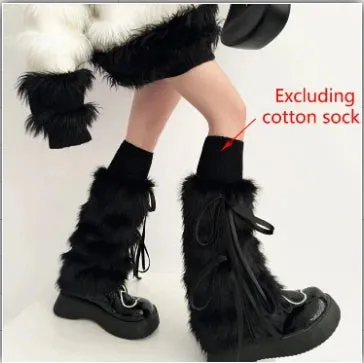 Getadme Kawaii Bow Knot Leg Warmers Thickened Imitation Rabbit Fur Women Leggings Boots Cover Lolita Punk Harajuku Party Accessories