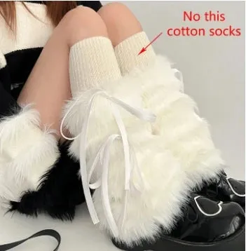 Getadme Kawaii Bow Knot Leg Warmers Thickened Imitation Rabbit Fur Women Leggings Boots Cover Lolita Punk Harajuku Party Accessories