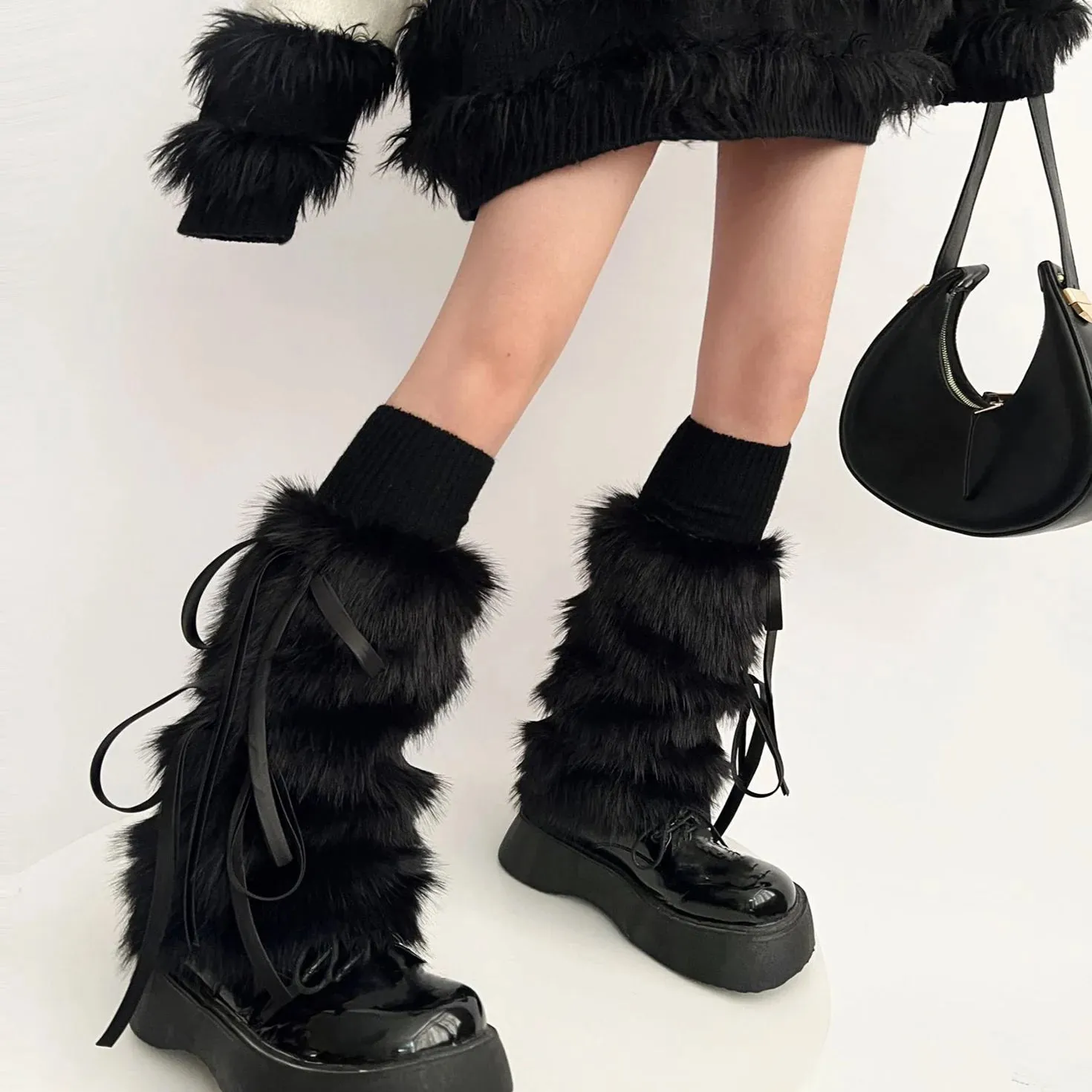 Getadme Kawaii Bow Knot Leg Warmers Thickened Imitation Rabbit Fur Women Leggings Boots Cover Lolita Punk Harajuku Party Accessories
