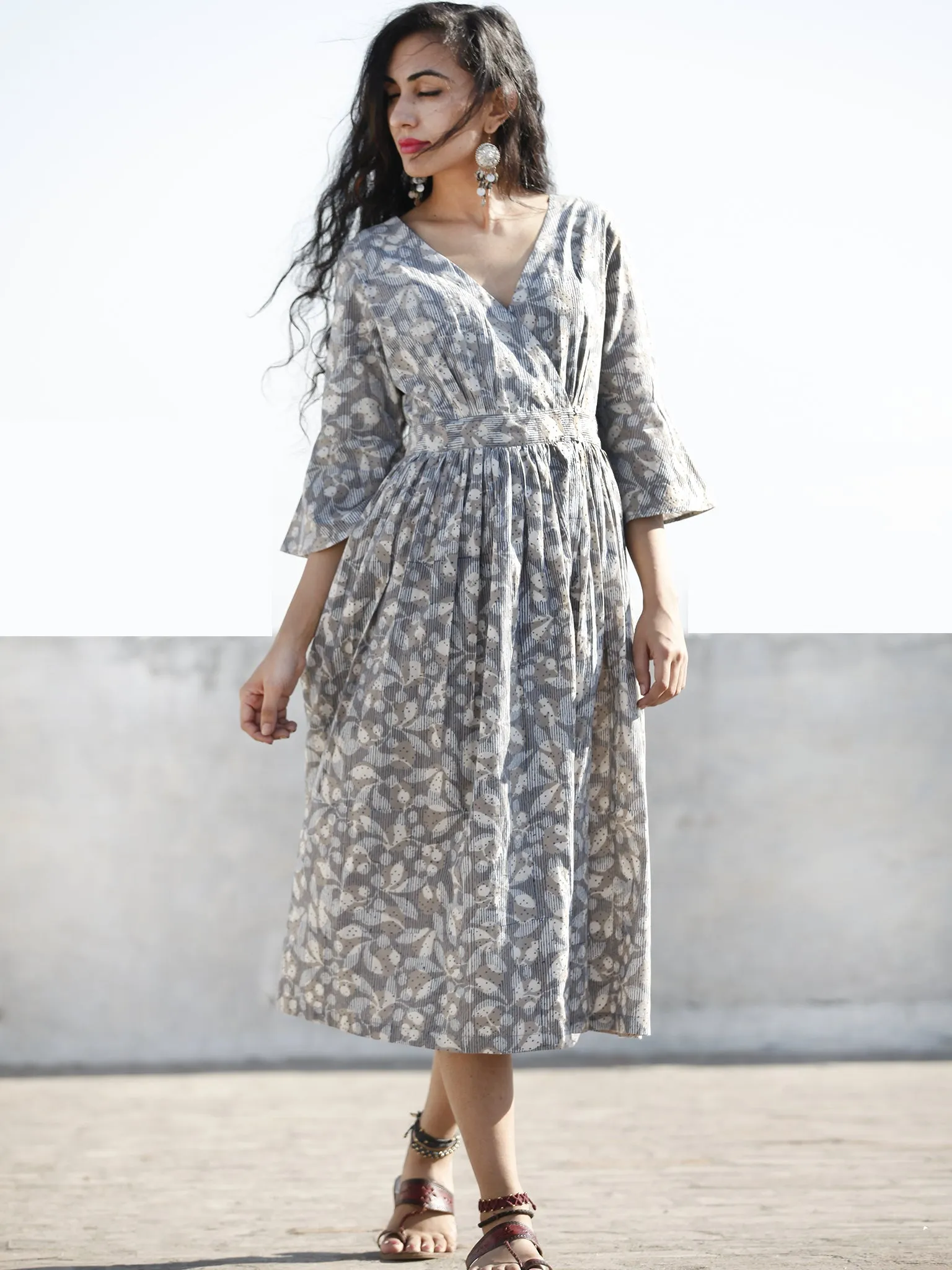 Grey Indigo Ivory Hand Block Printed Cotton Wrap Midi Dress With Bell Sleeves - D99F606