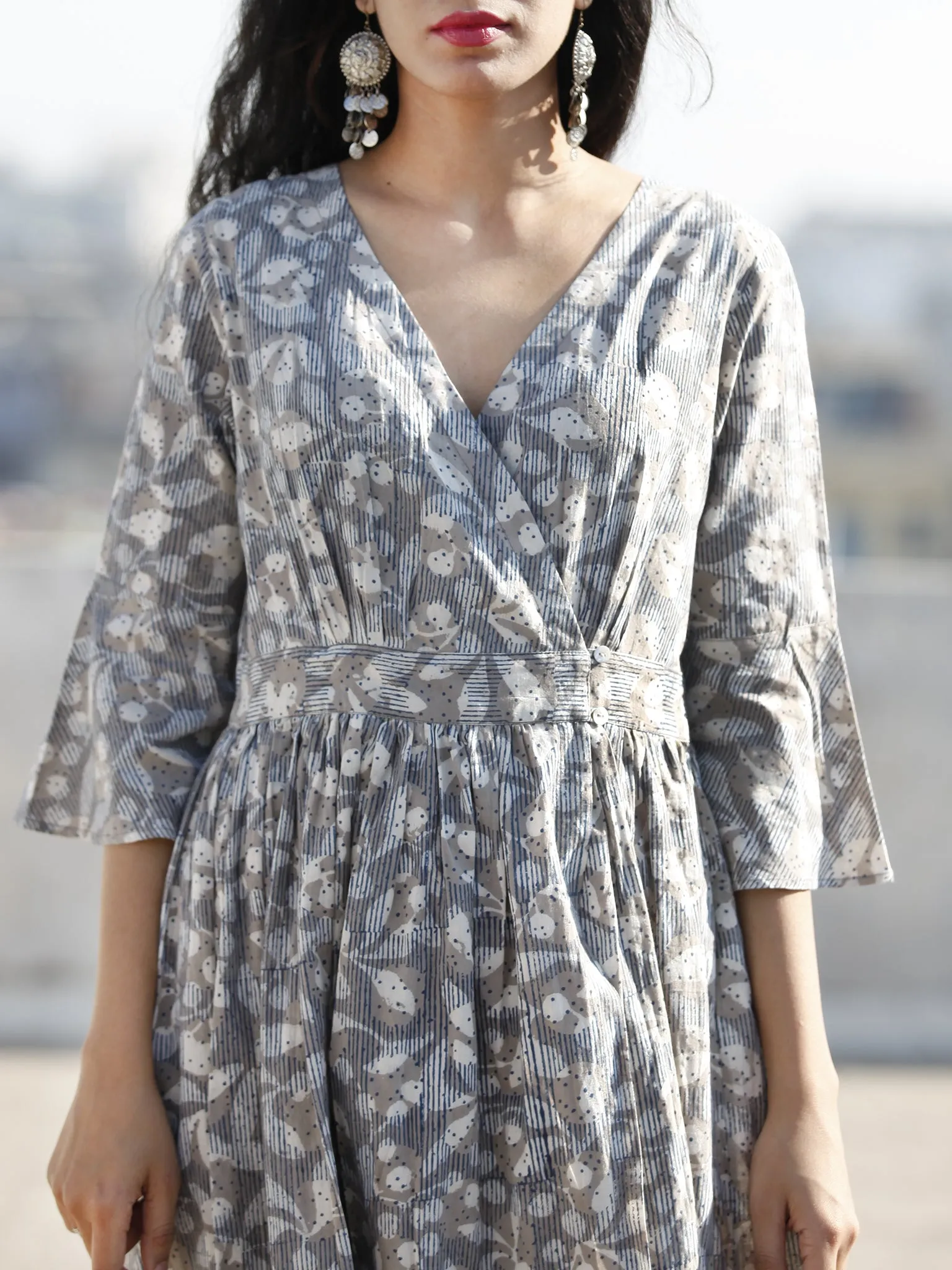 Grey Indigo Ivory Hand Block Printed Cotton Wrap Midi Dress With Bell Sleeves - D99F606
