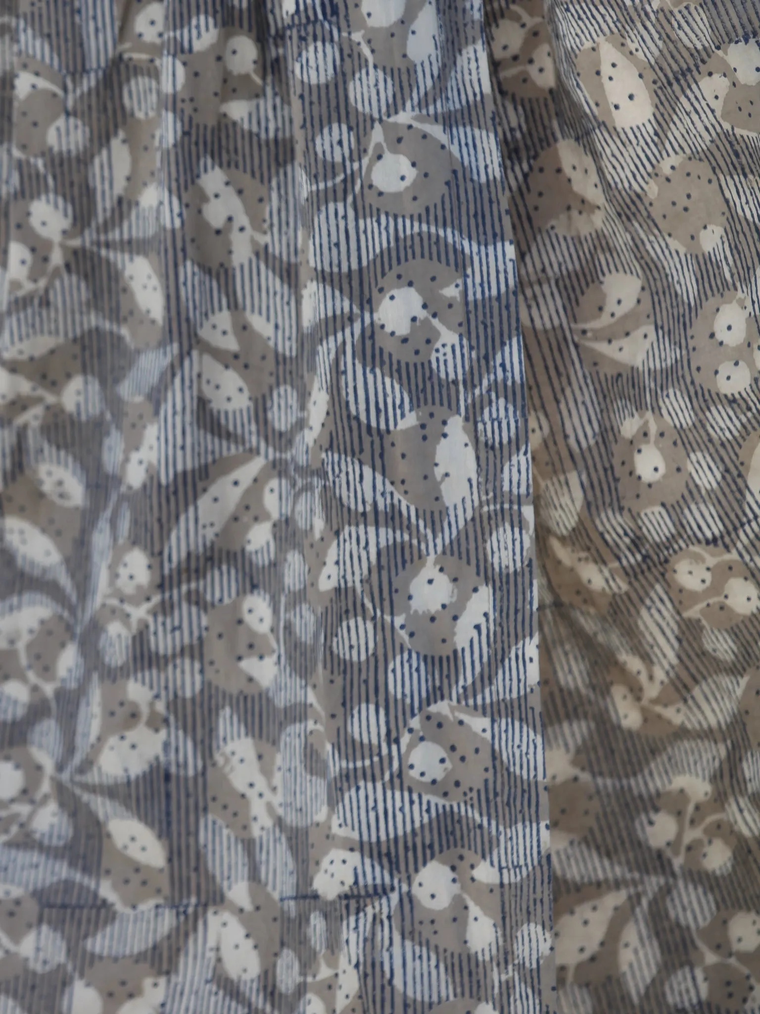Grey Indigo Ivory Hand Block Printed Cotton Wrap Midi Dress With Bell Sleeves - D99F606