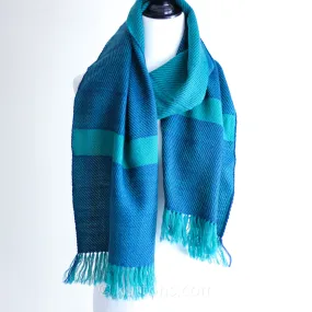 Handwoven Woolen Scarf - Naturally Dyed with Indigo and Tesu Flowers | Green-Blue, 12x72"