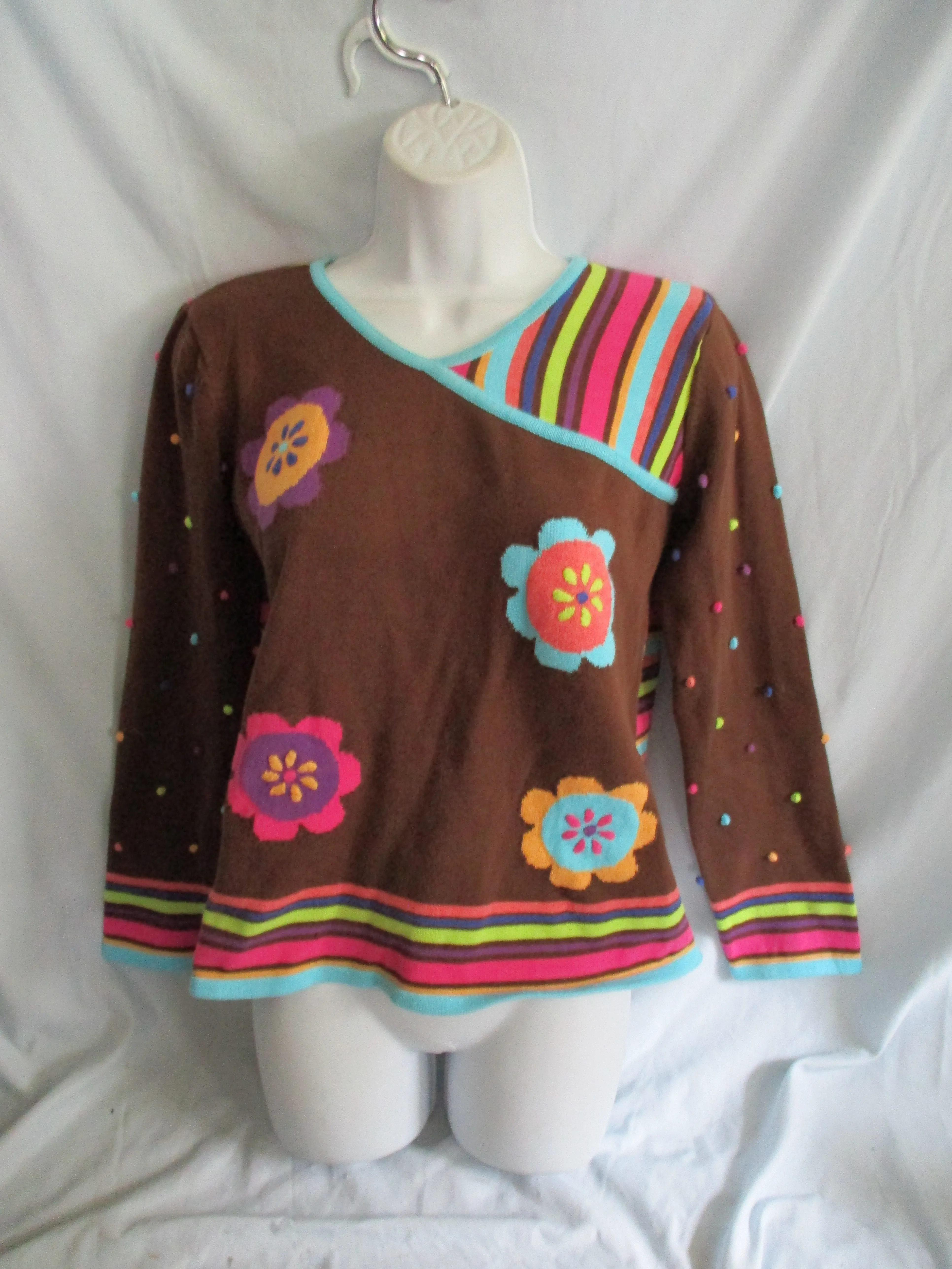 HANNA ANDERSSON Textured FLORAL Striped Knit Sweater 160 14-16 BROWN Multi