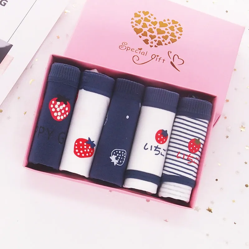 Japanese Style Purplish Blue Strawberry Underwear 5 Pack Women