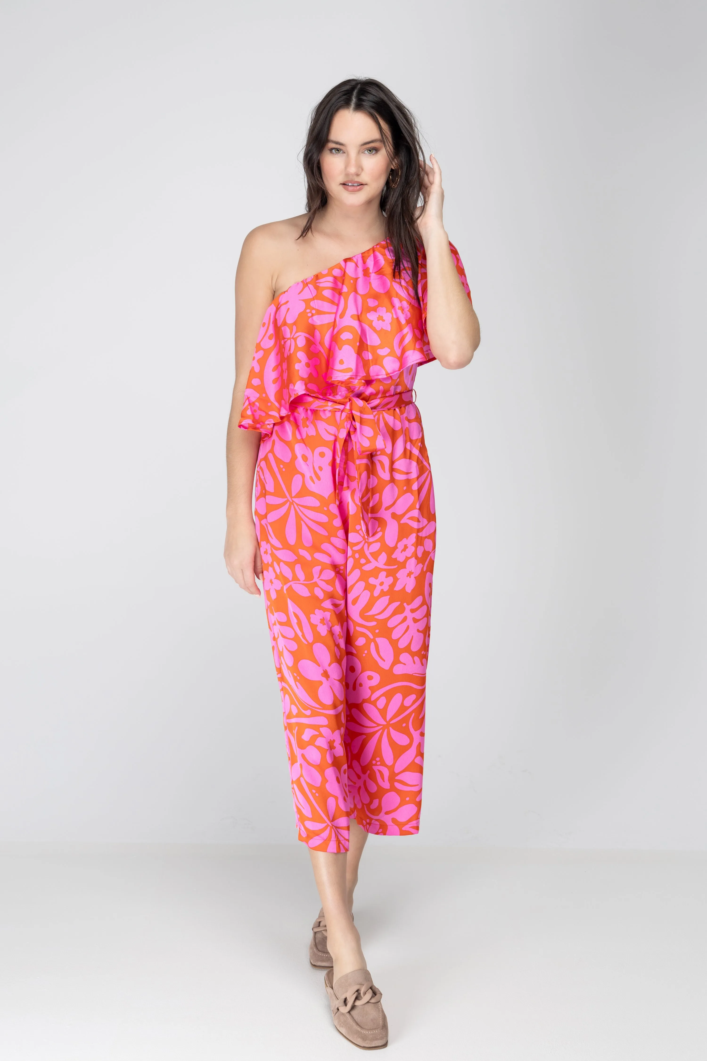 Kiss Me Again Coral One Shoulder Ruffle Cropped Jumpsuit