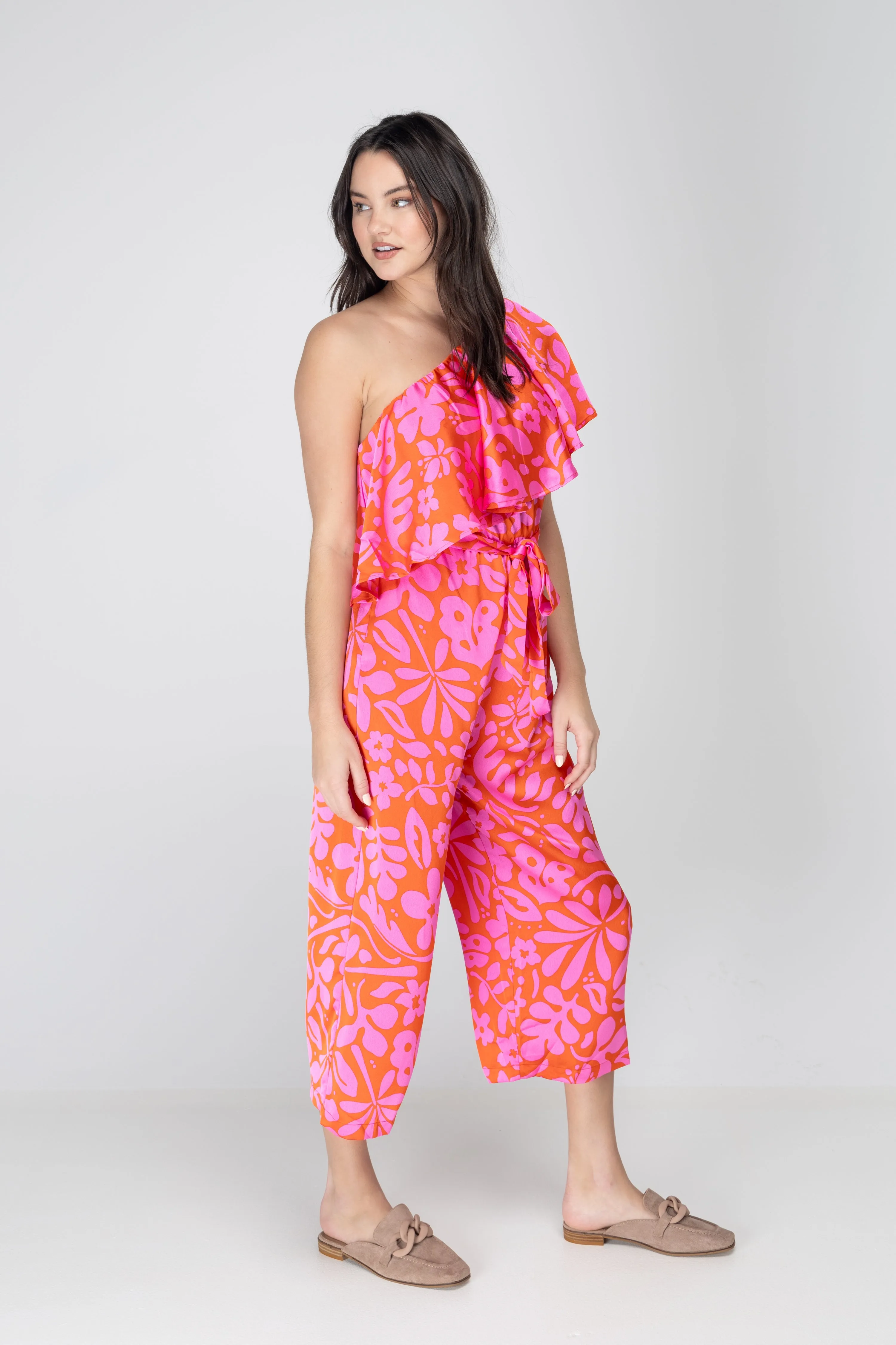 Kiss Me Again Coral One Shoulder Ruffle Cropped Jumpsuit