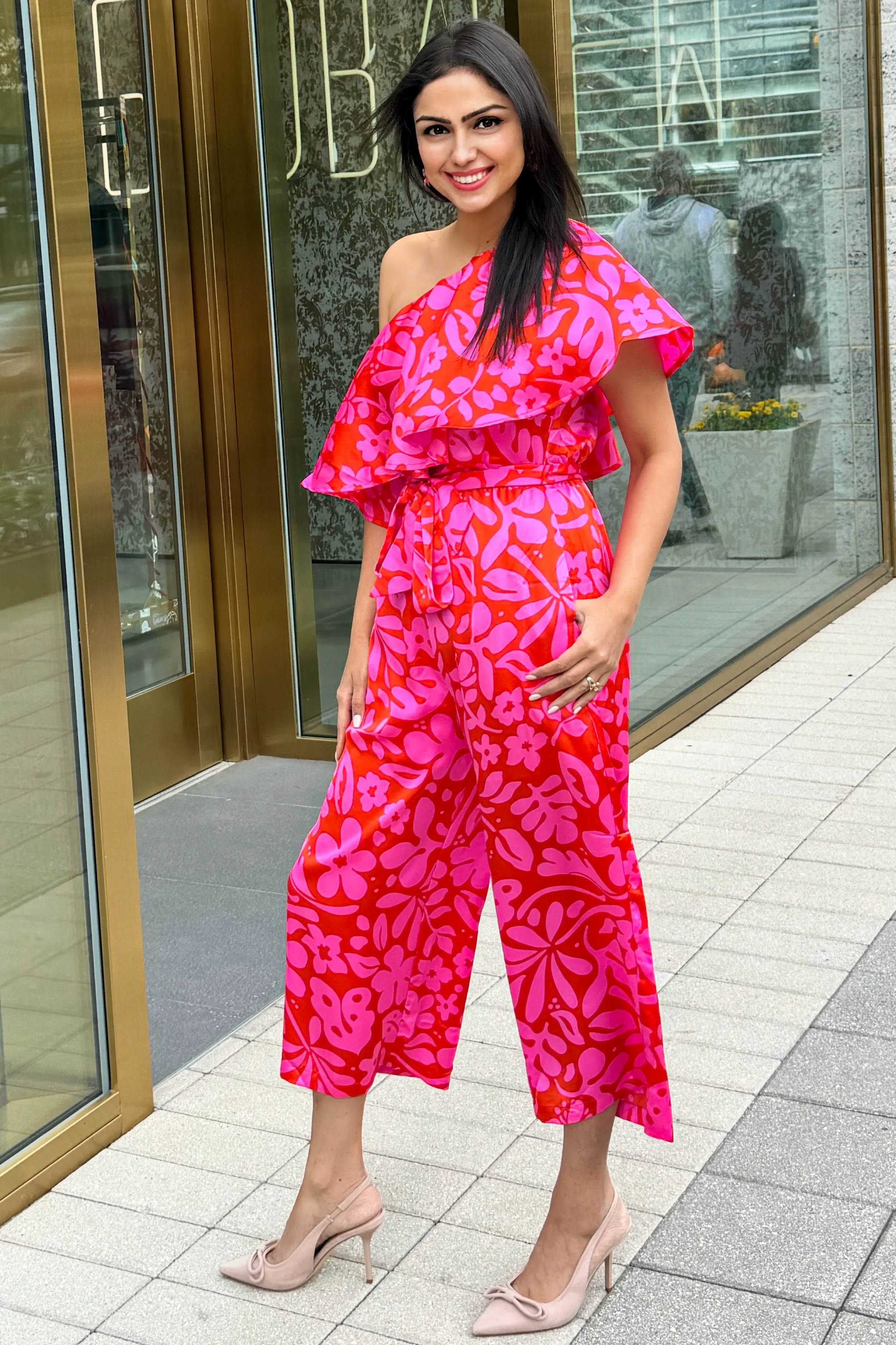 Kiss Me Again Coral One Shoulder Ruffle Cropped Jumpsuit