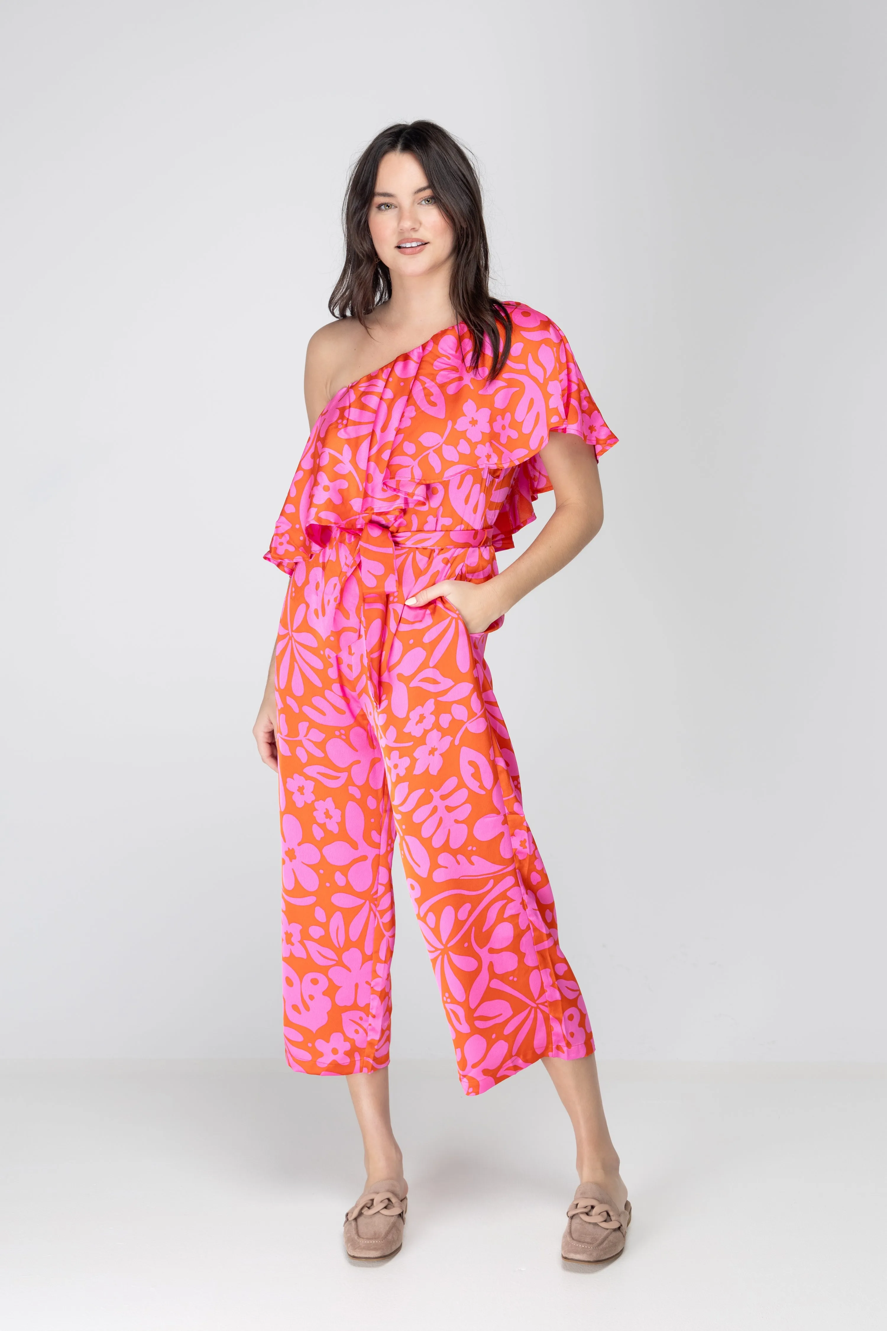Kiss Me Again Coral One Shoulder Ruffle Cropped Jumpsuit
