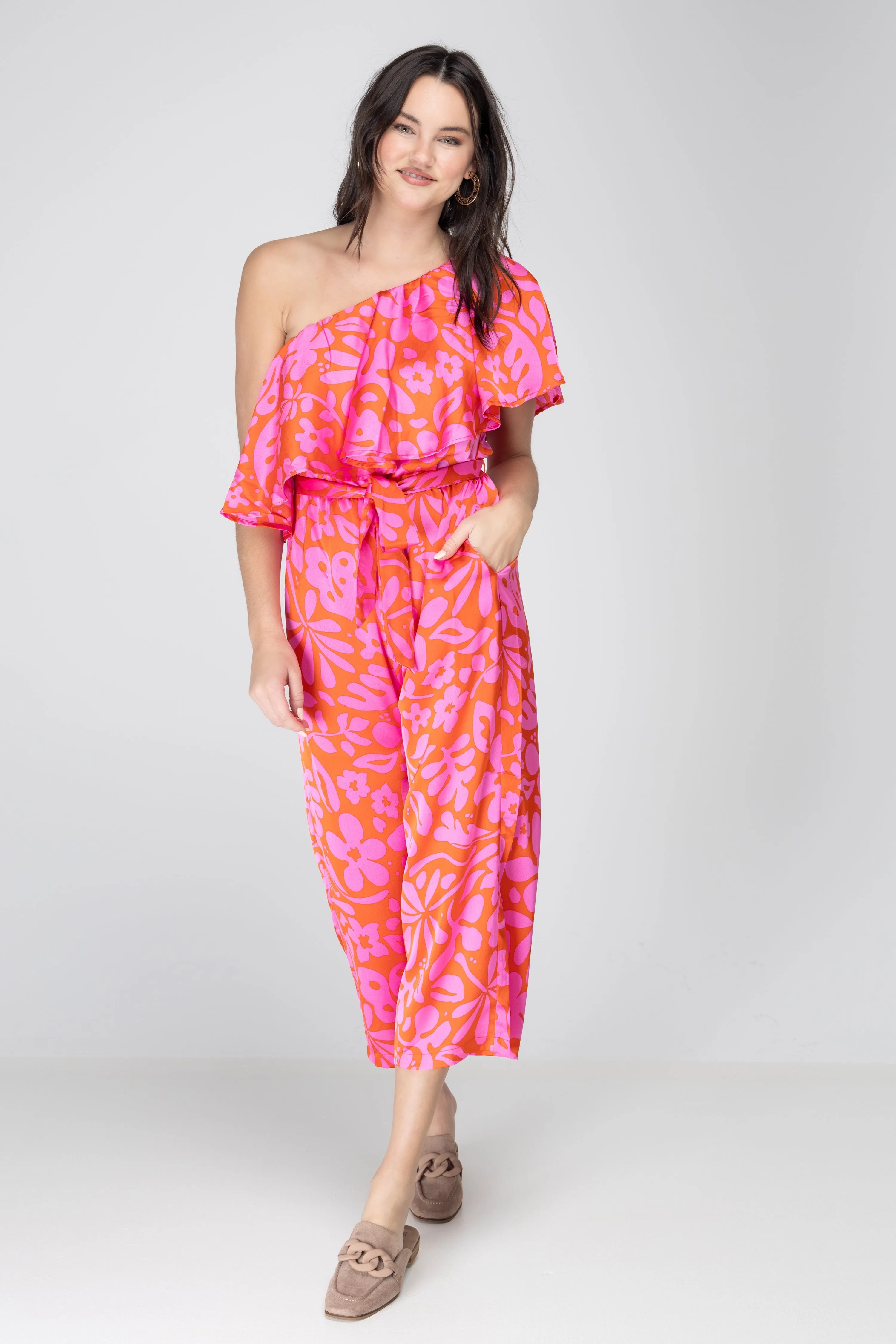 Kiss Me Again Coral One Shoulder Ruffle Cropped Jumpsuit