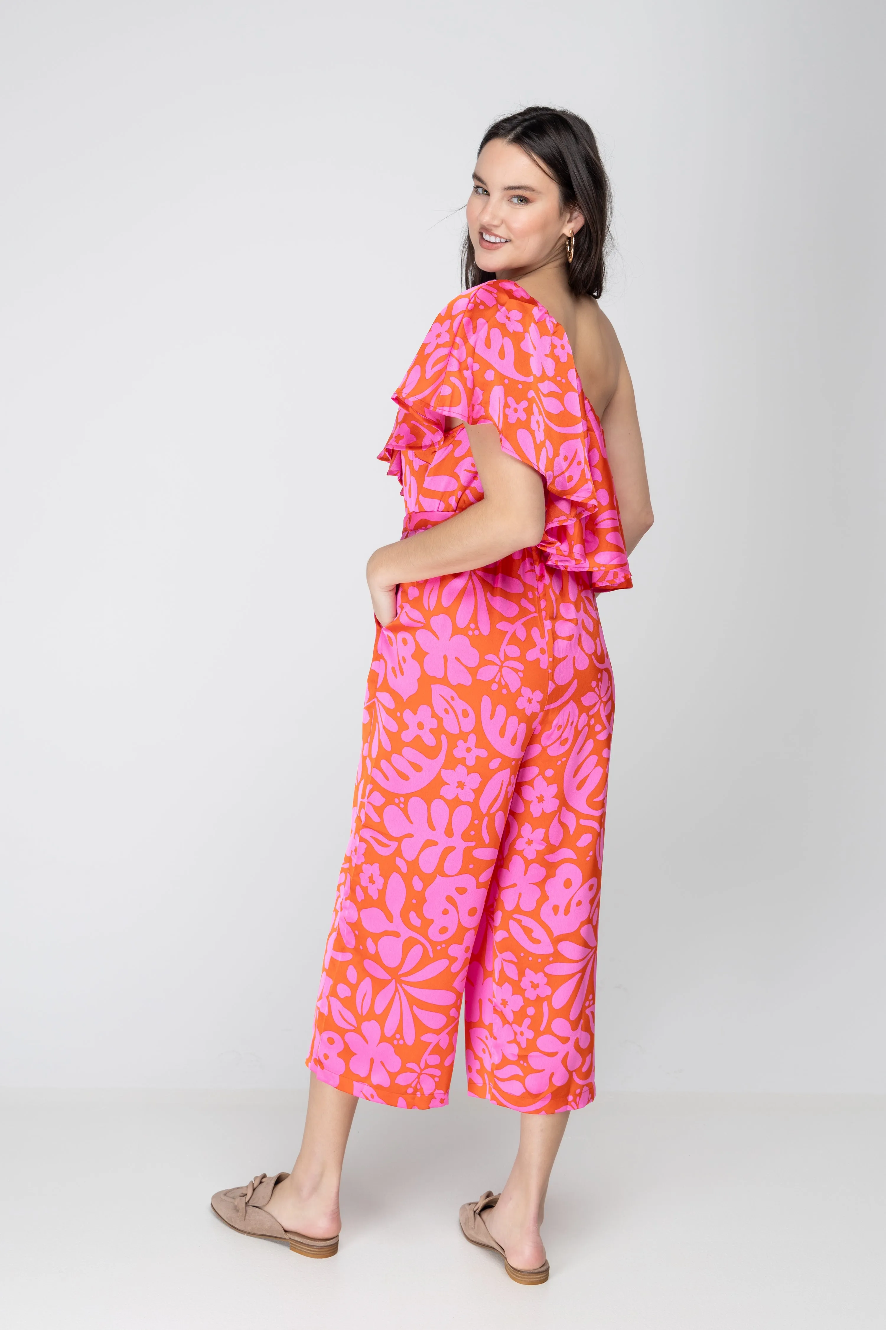 Kiss Me Again Coral One Shoulder Ruffle Cropped Jumpsuit