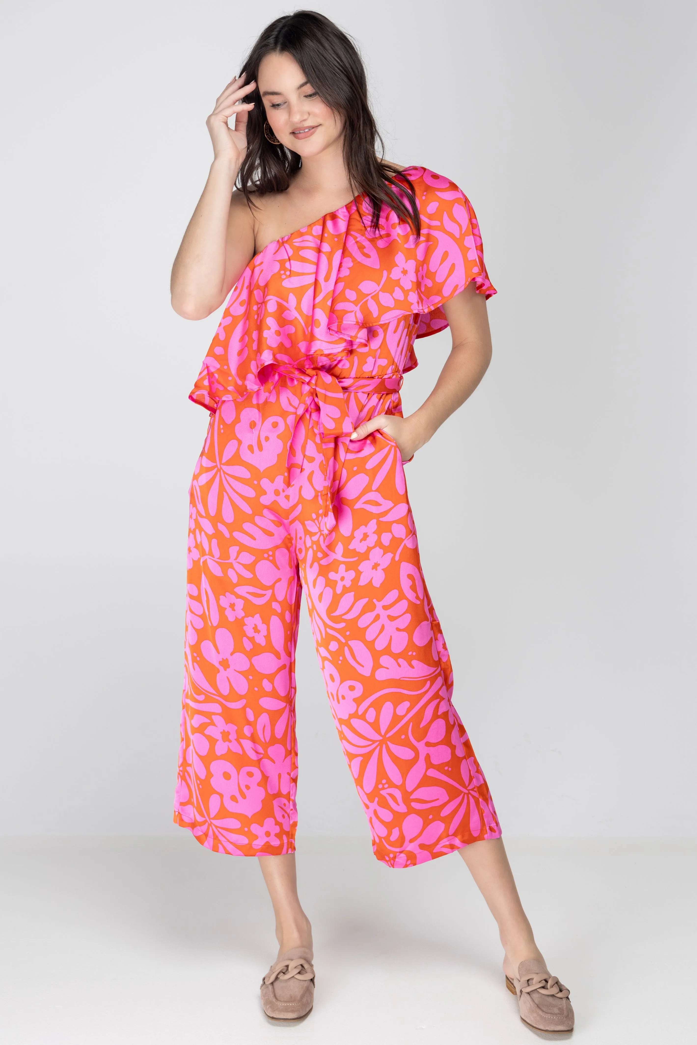 Kiss Me Again Coral One Shoulder Ruffle Cropped Jumpsuit