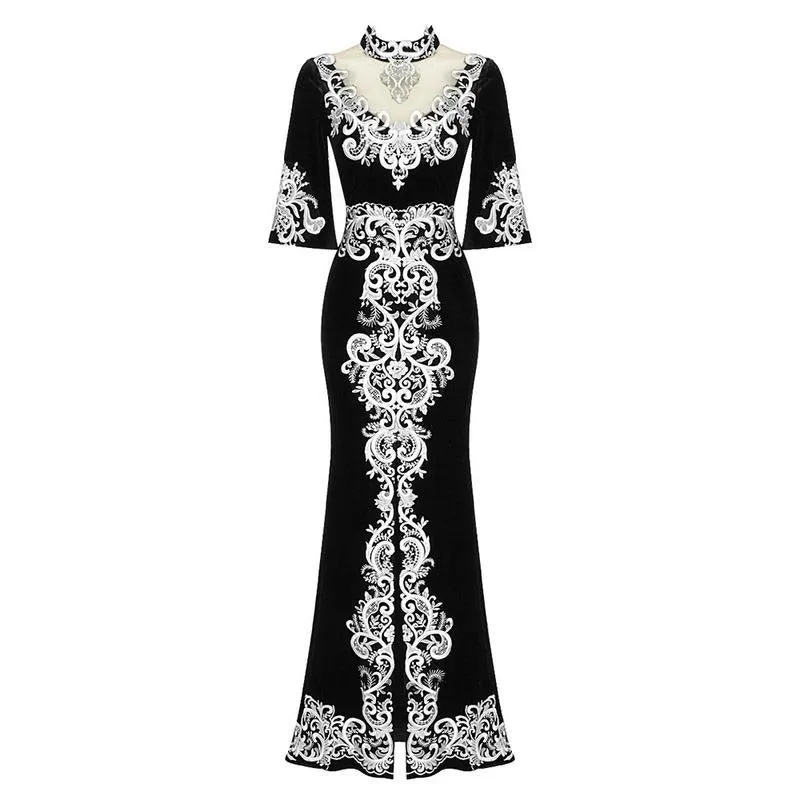KittenAlarm - Aracely Mock Neck Insert Mesh Slit Hem Maxi Dress