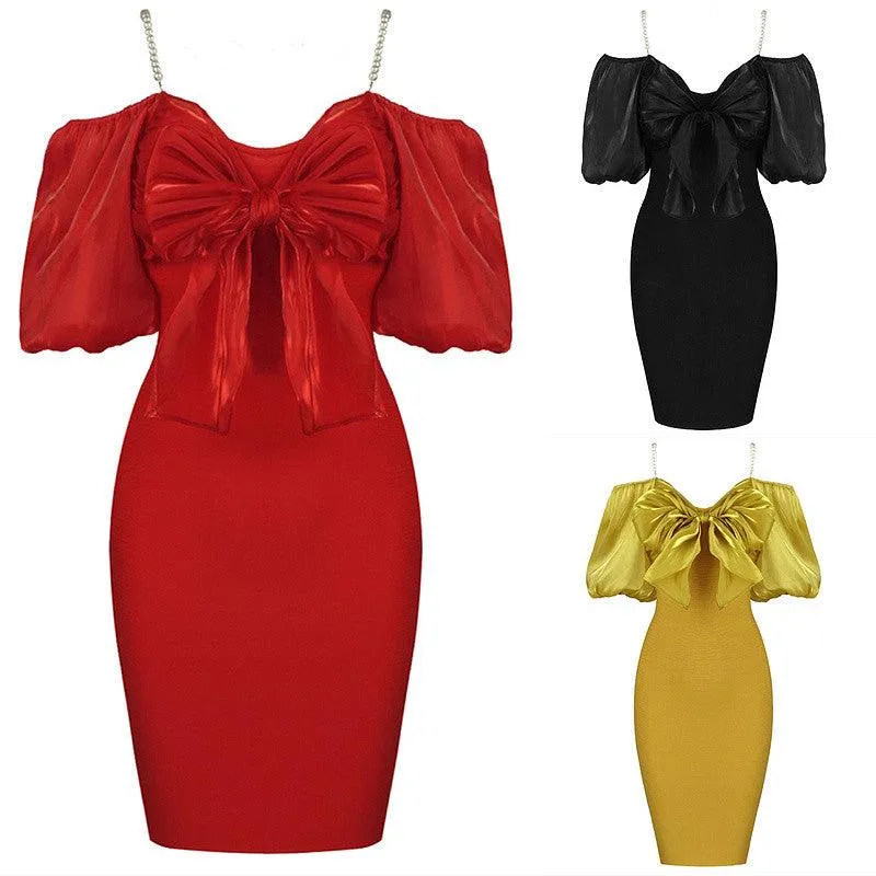 KittenAlarm - Elliana Cold Shoulder Puff Sleeve Bow-tie Decor Solid Dress