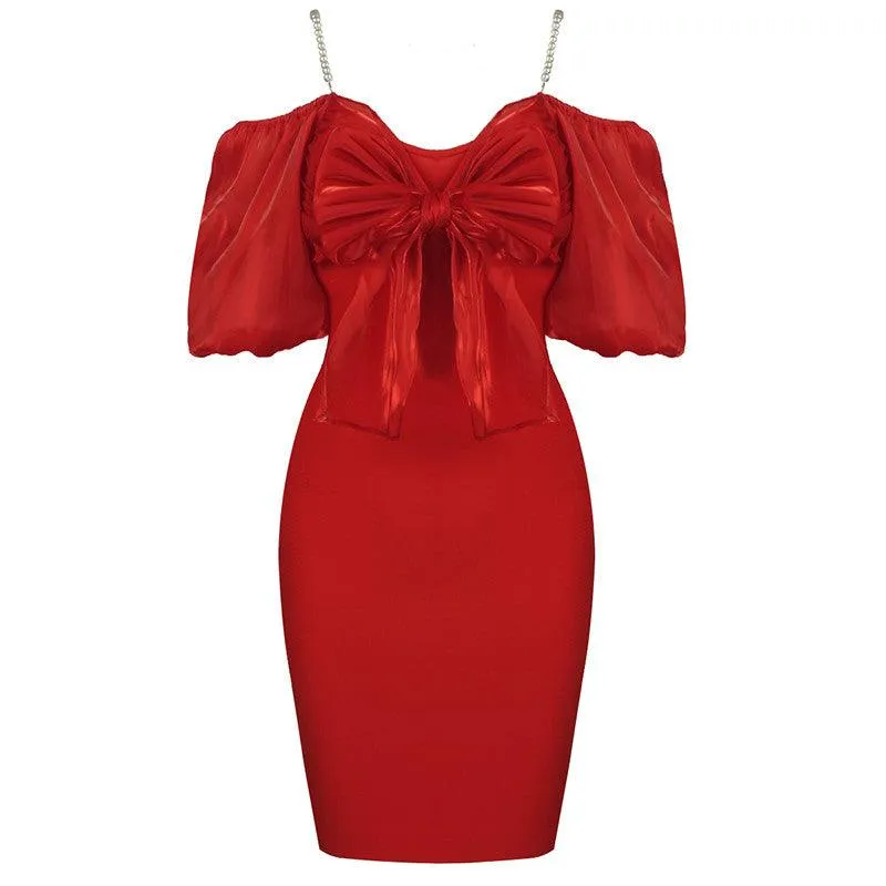 KittenAlarm - Elliana Cold Shoulder Puff Sleeve Bow-tie Decor Solid Dress