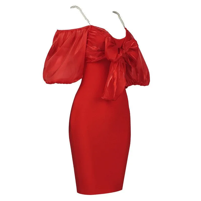 KittenAlarm - Elliana Cold Shoulder Puff Sleeve Bow-tie Decor Solid Dress