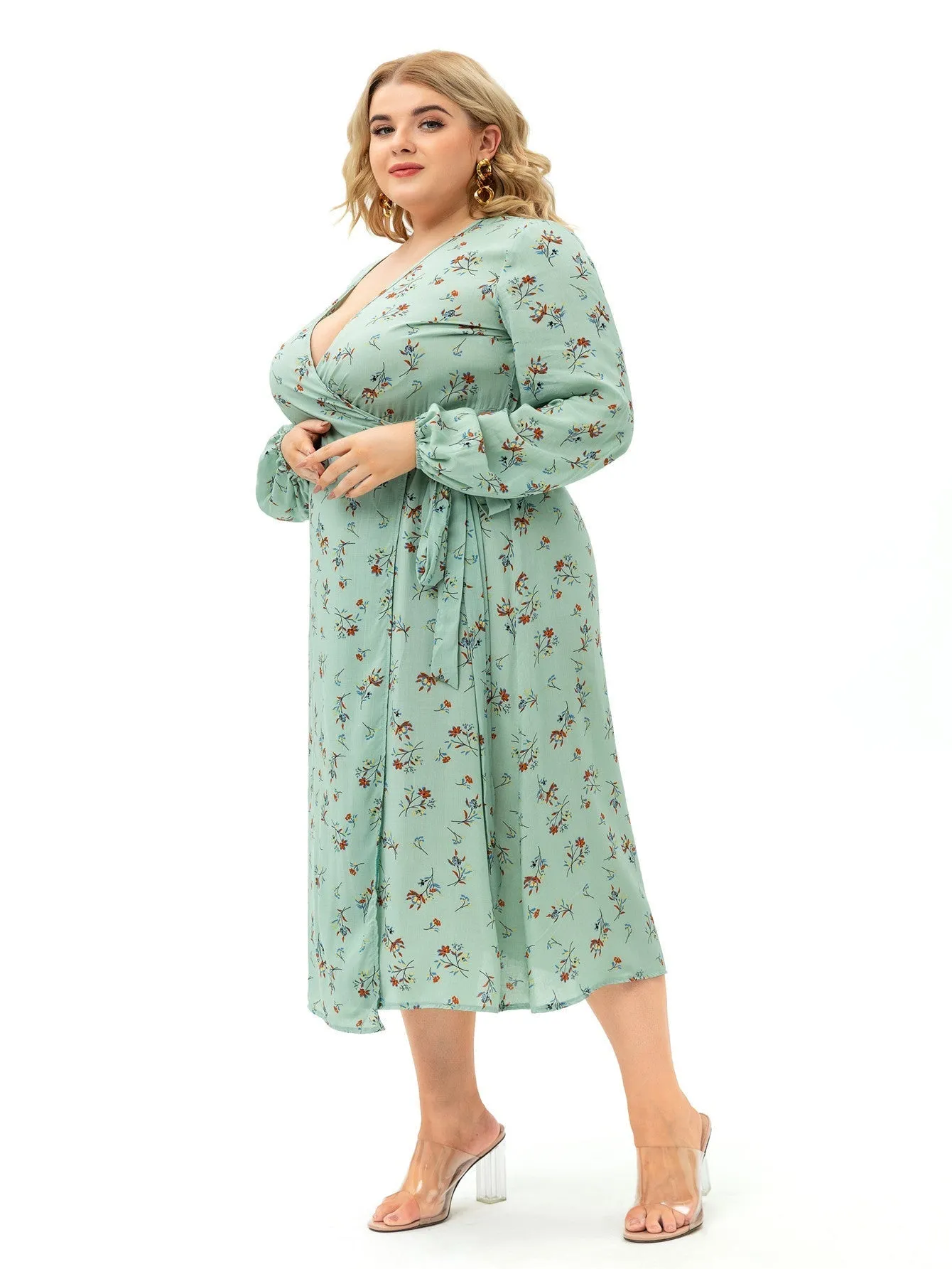 KittenAlarm - Light Green Plus Size Long Sleeve Wrap Dress