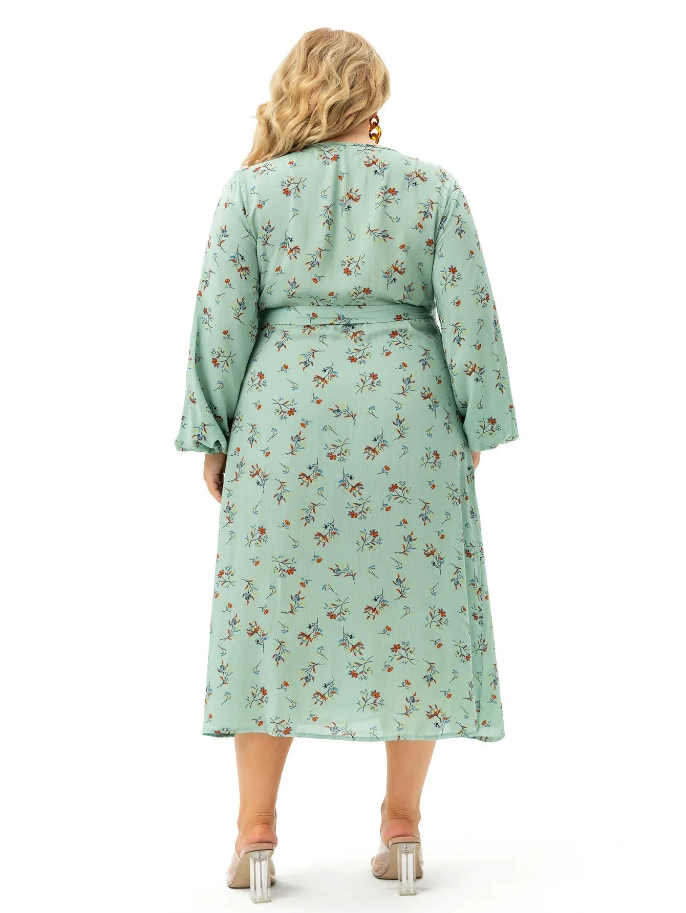 KittenAlarm - Light Green Plus Size Long Sleeve Wrap Dress