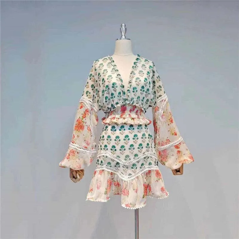 KittenAlarm - Tanaya V Neck Allover Print Mini Dress