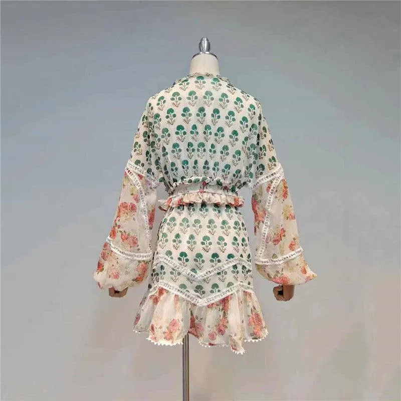 KittenAlarm - Tanaya V Neck Allover Print Mini Dress