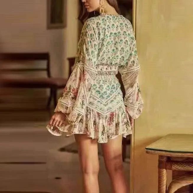 KittenAlarm - Tanaya V Neck Allover Print Mini Dress
