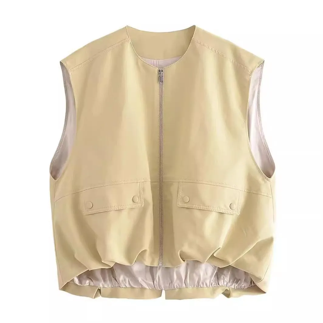Ladies Solid Color Crew Neck Sleeveless Ruched Vest 2659