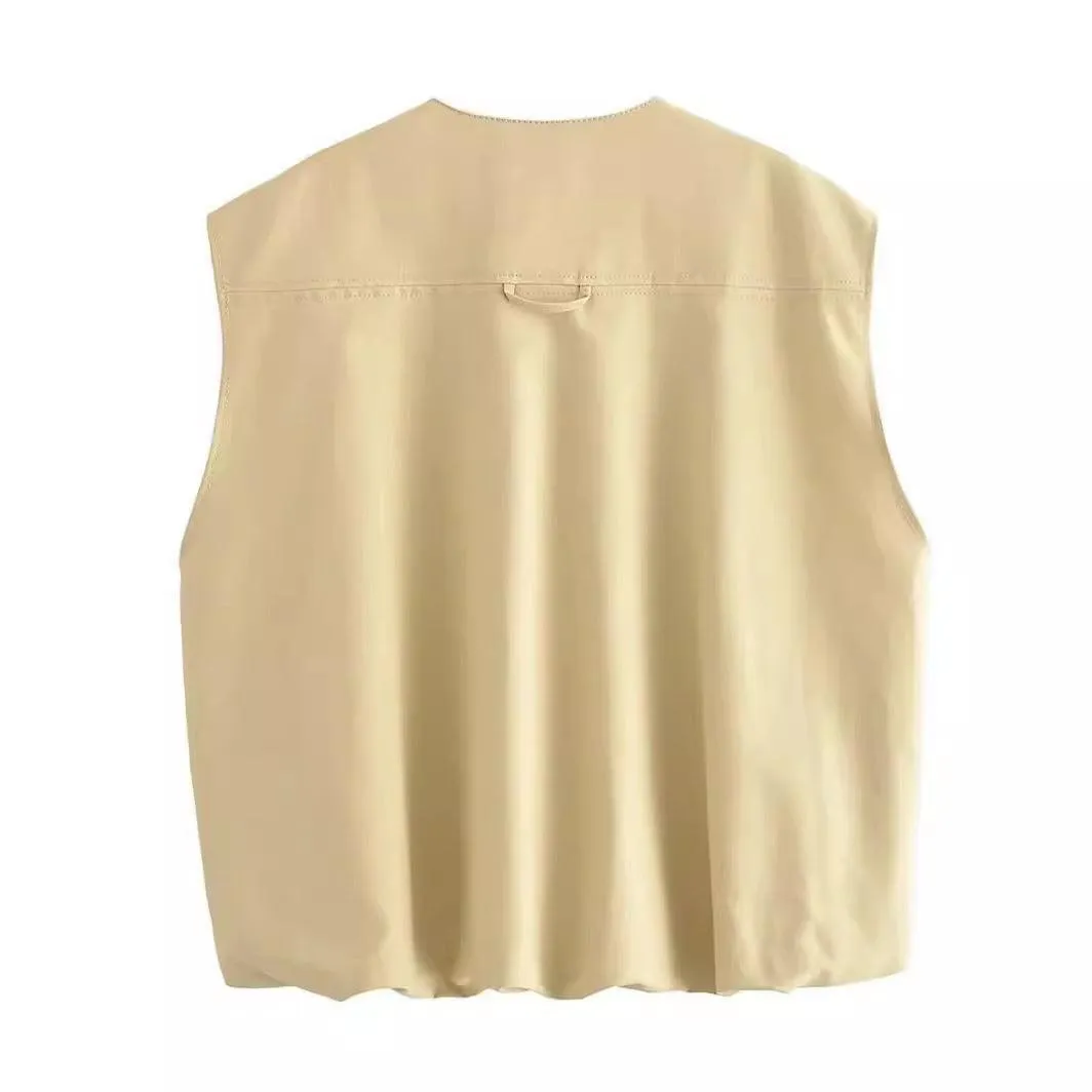 Ladies Solid Color Crew Neck Sleeveless Ruched Vest 2659