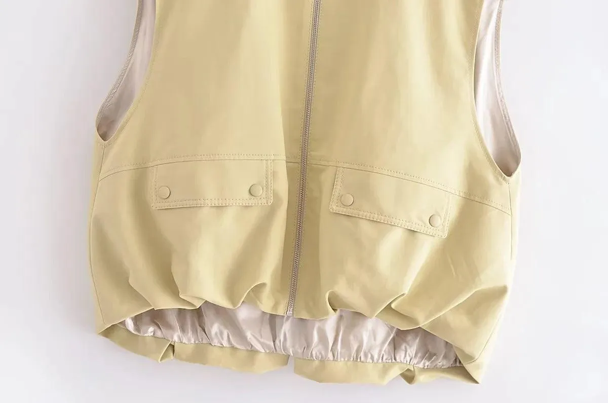 Ladies Solid Color Crew Neck Sleeveless Ruched Vest 2659