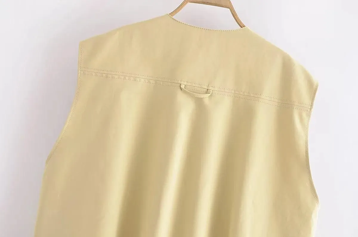 Ladies Solid Color Crew Neck Sleeveless Ruched Vest 2659