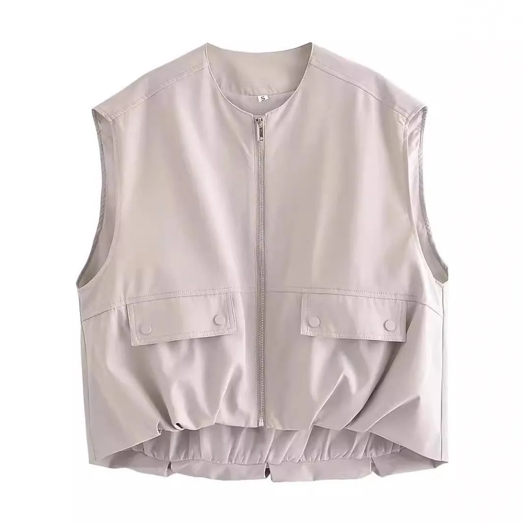 Ladies Solid Color Crew Neck Sleeveless Ruched Vest 2659