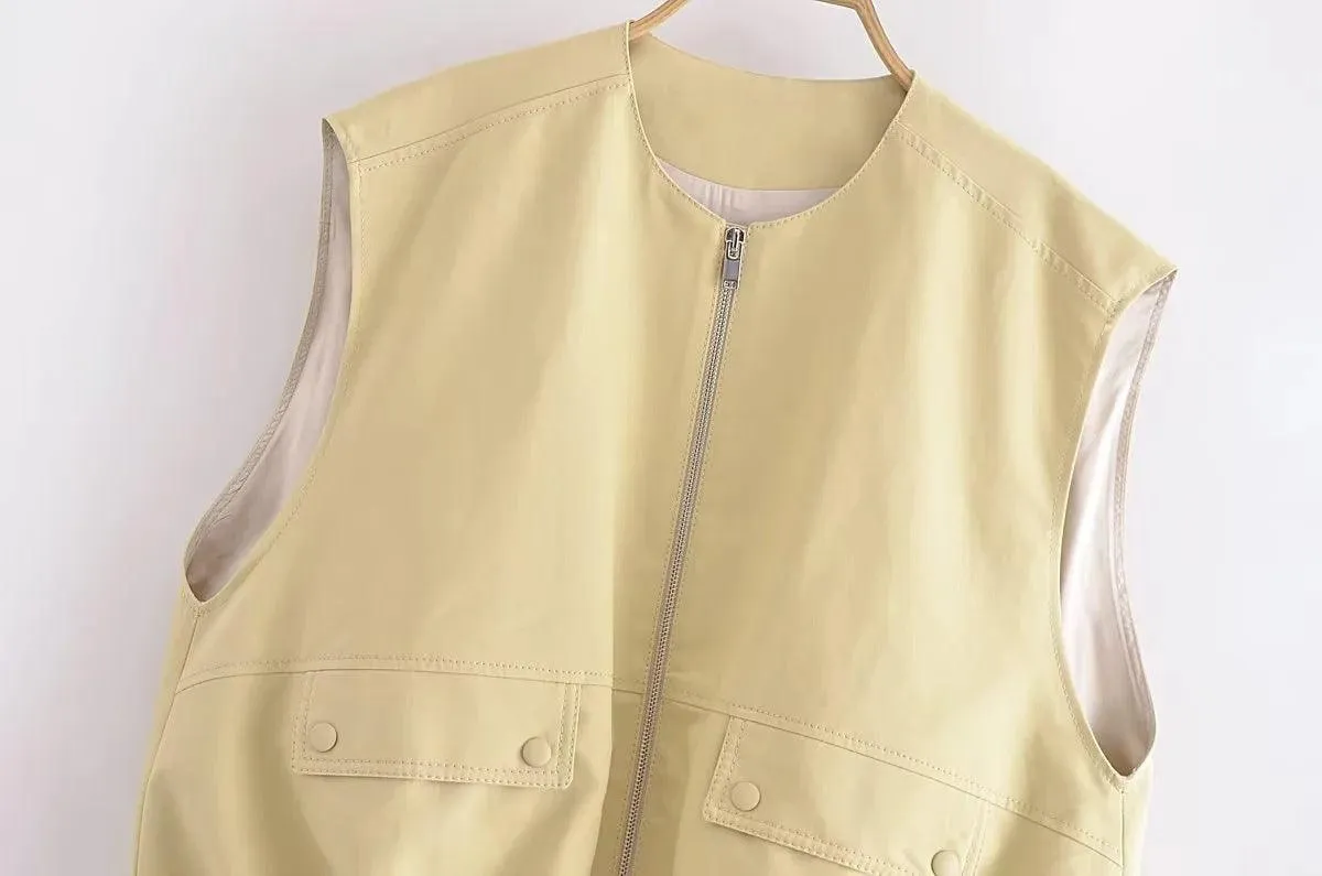 Ladies Solid Color Crew Neck Sleeveless Ruched Vest 2659