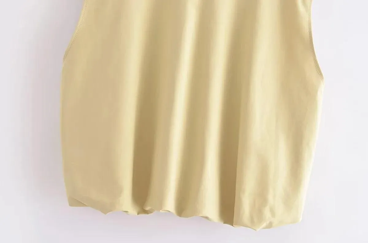 Ladies Solid Color Crew Neck Sleeveless Ruched Vest 2659