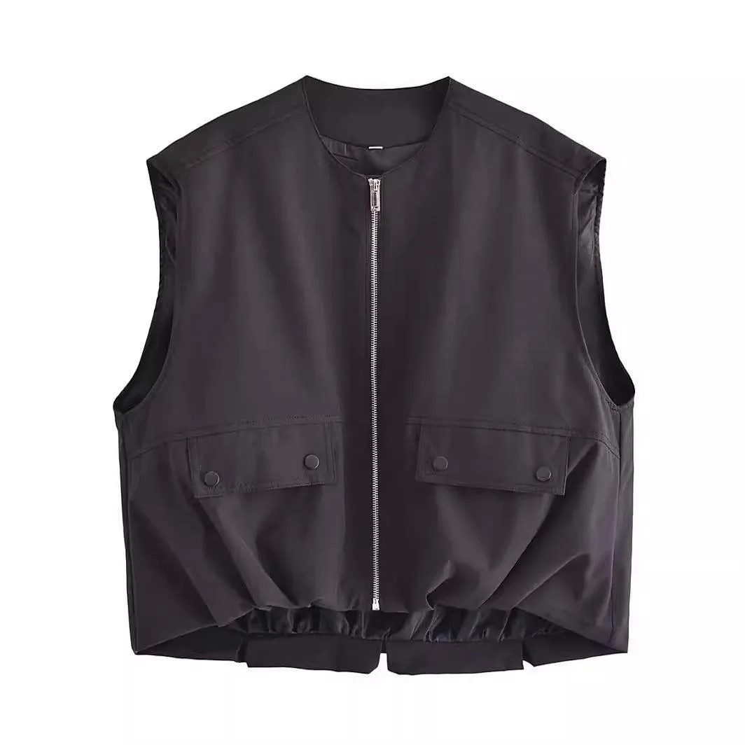 Ladies Solid Color Crew Neck Sleeveless Ruched Vest 2659