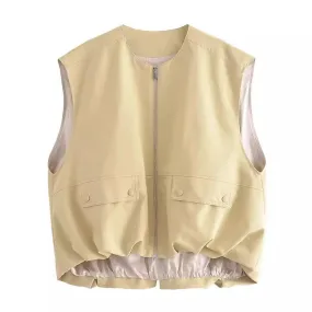 Ladies Solid Color Crew Neck Sleeveless Ruched Vest 2659