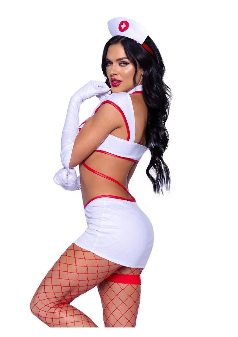 Leg Avenue Heartstopping Nurse Strappy Cut-Out Dress with Snap Detail, Gloves, Headband, and Garter