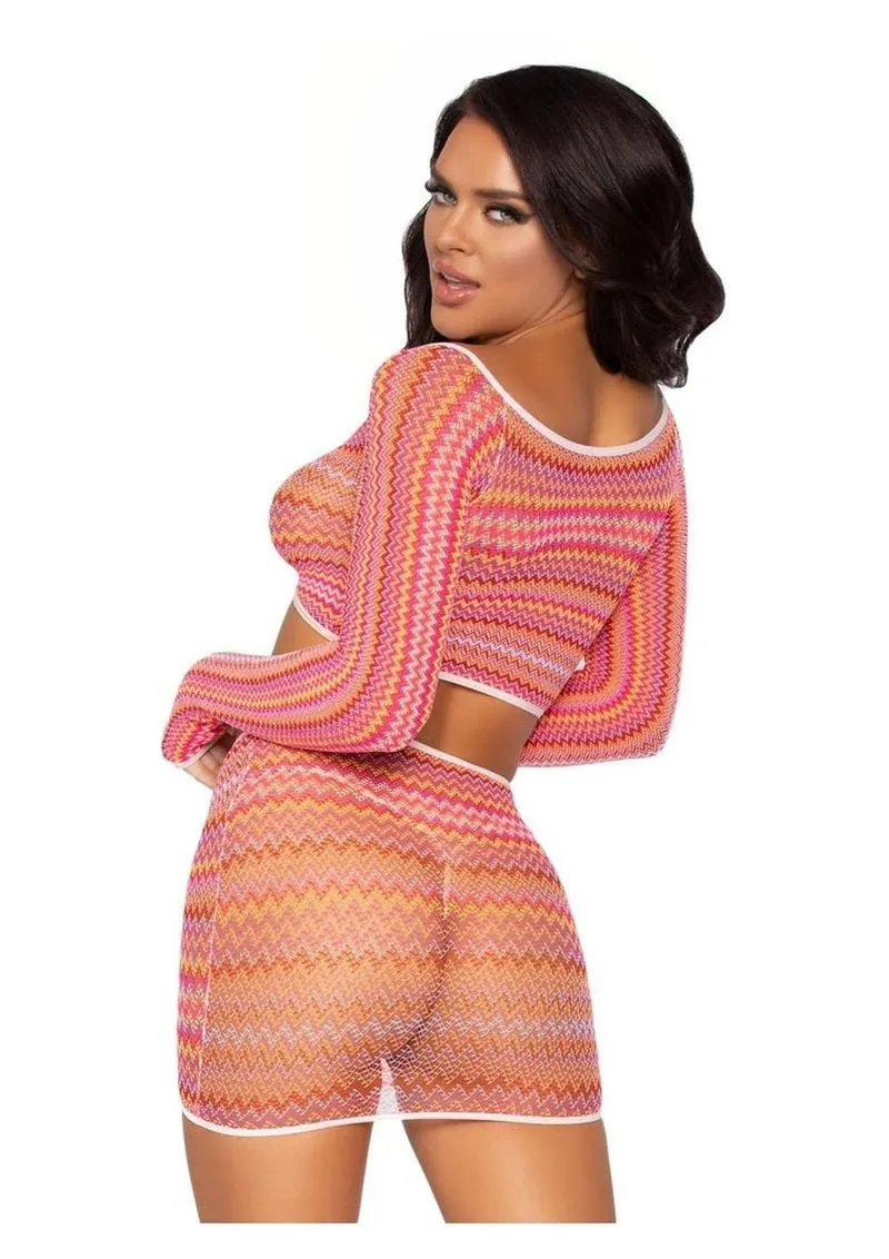 Leg Avenue Zig Zag Net Gauntlet Sleeve Crop Top and Mini Skirt