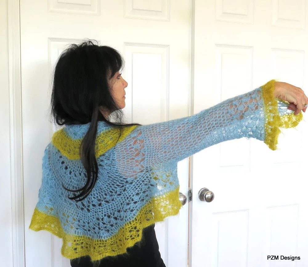 Light Blue Silk Mohair Shrug, Crochet Circle Shrug